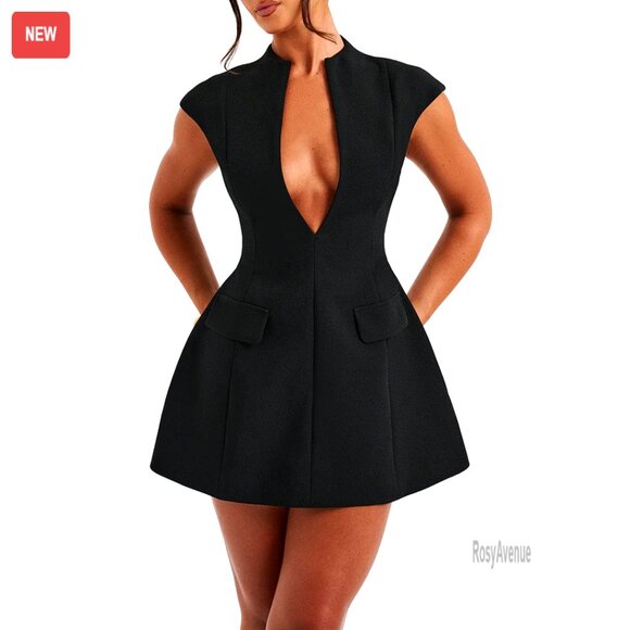 Sexy Deep V Neck Zipper Bodycon Mini Dress Cap Sleeve Polyester Spandex